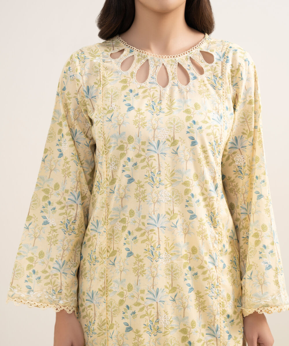 Women's RTW Lawn Embroidered Pale Yellow A-Line Shirt