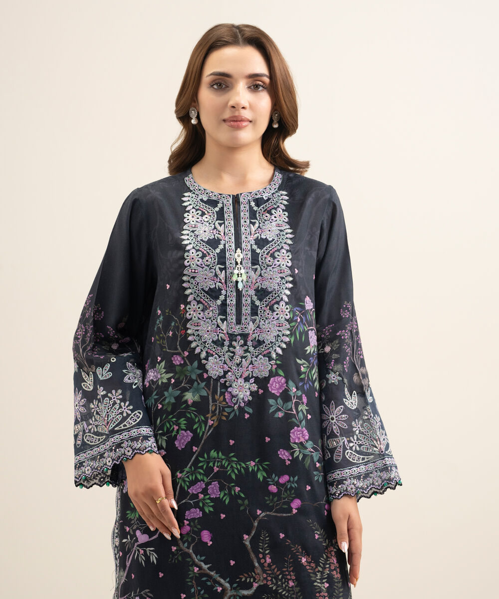 Women's RTW Viscose Raw Silk Embroidered Blue 2 Piece Suit