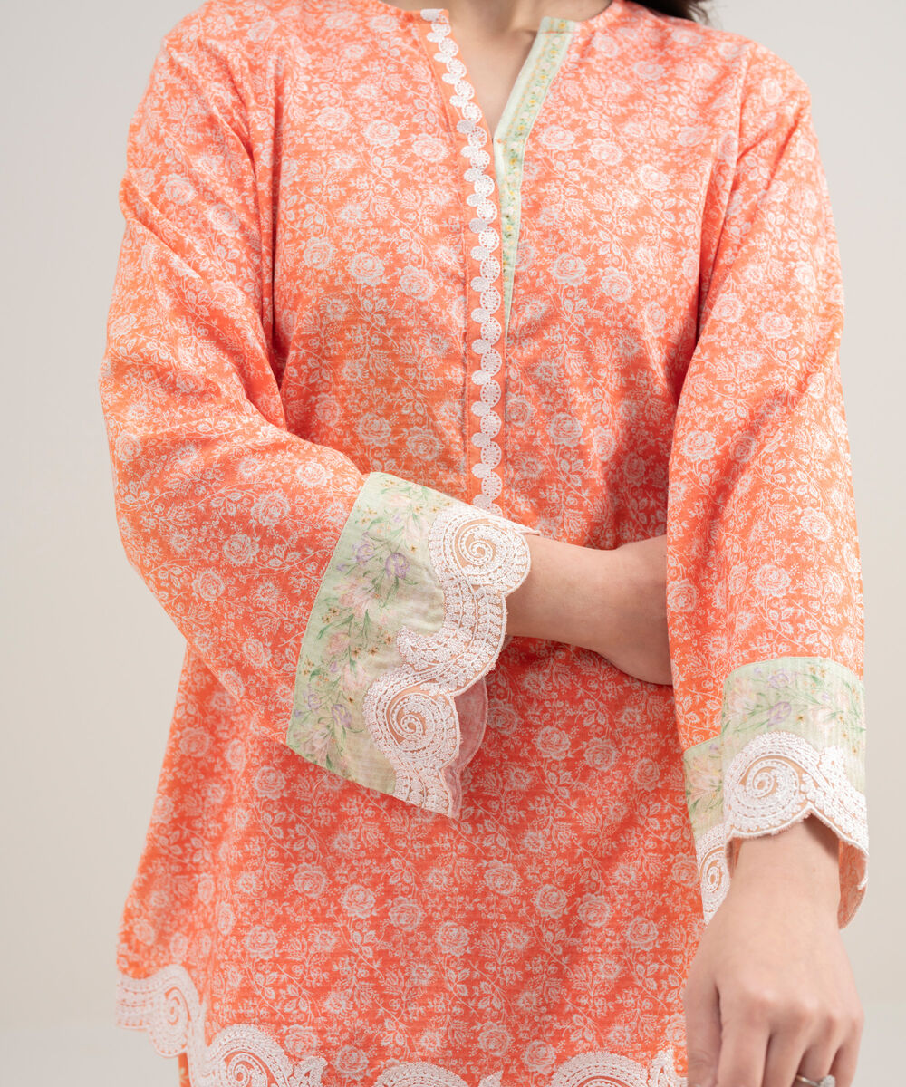 Women's RTW Dobby Embroidered Orange Straight Shirt