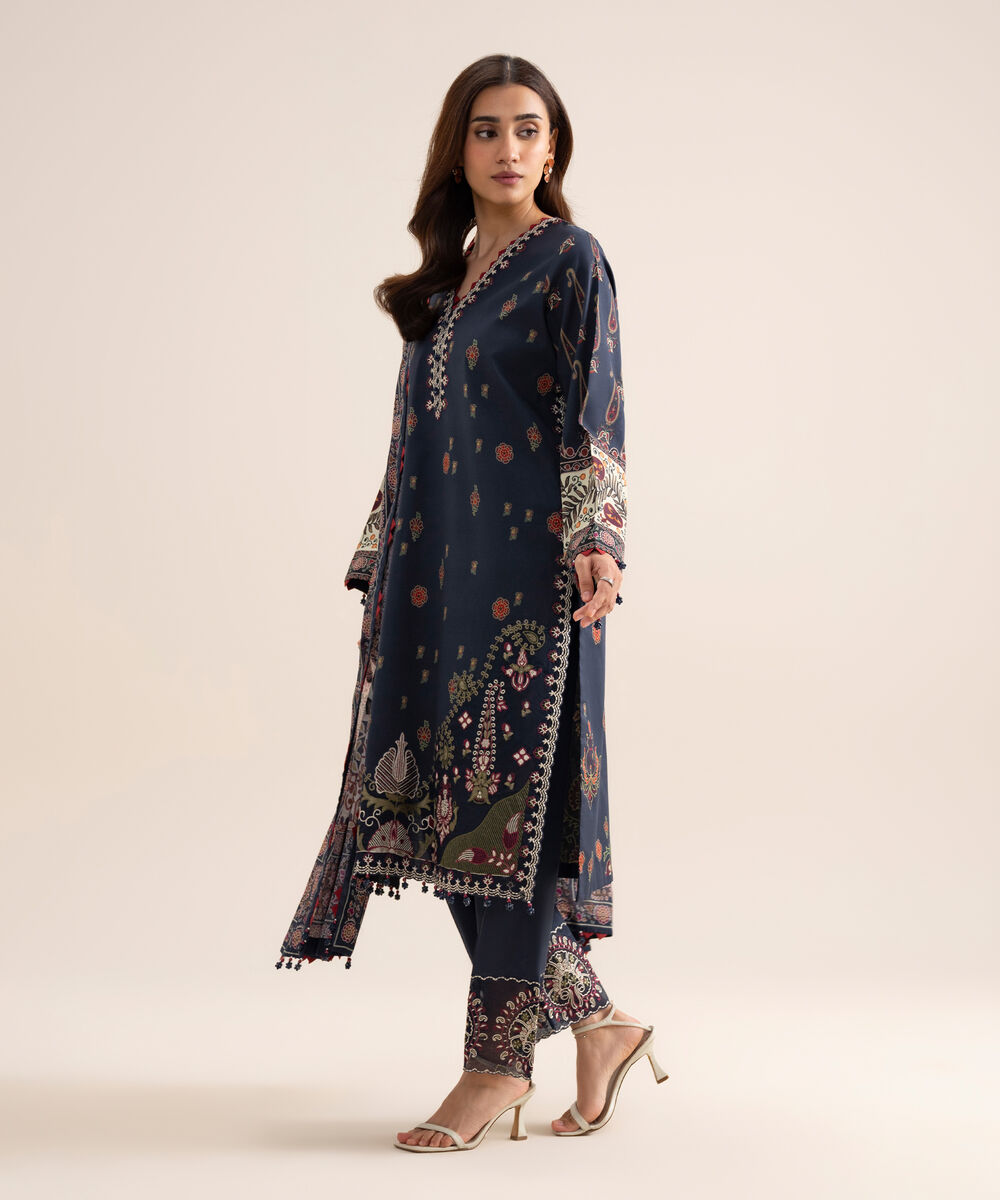 Women's Unstitched Lawn Embroidered Navy Blue  3 Piece Suit