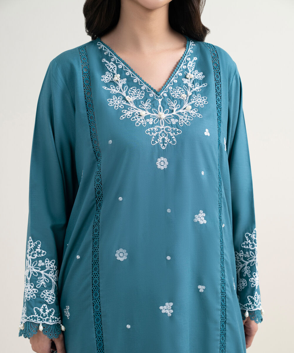 Women's RTW Cotton Viscose Embroidered Blue 3 Piece Suit