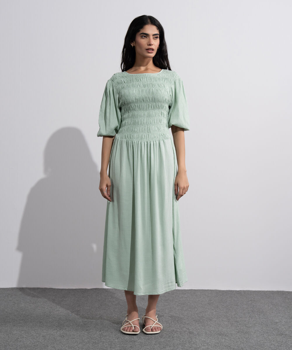 Women's Mint Green  Smocked Seersucker Dress