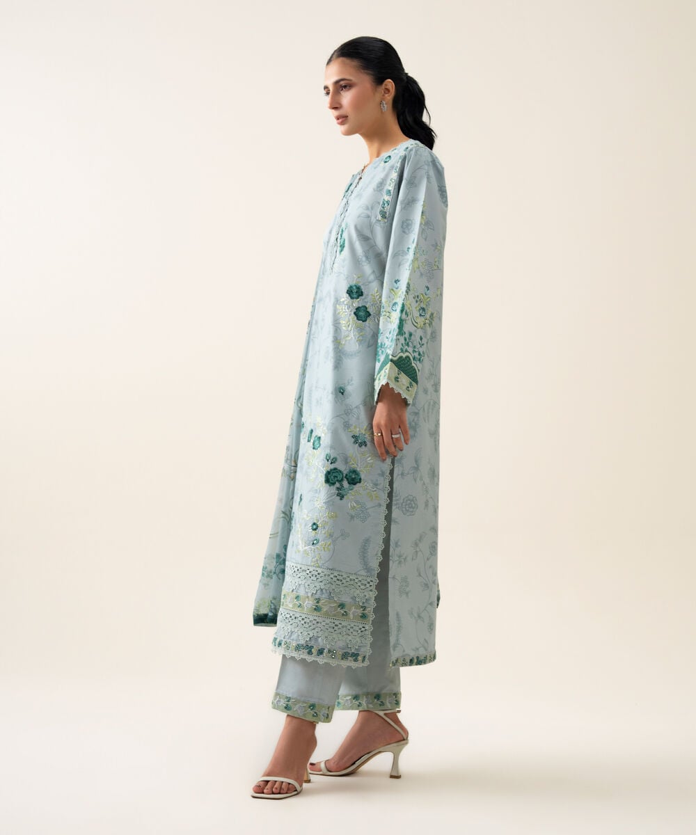 Women's Unstitched Blended Chiffon Embroidered Blue 3 Piece Suit