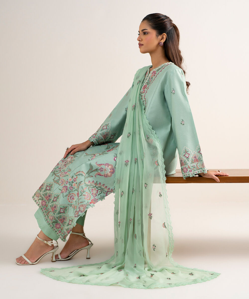 Women's Unstitched Cotton Net Embroidered Green 3 Piece Suit