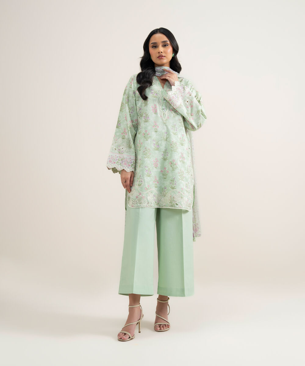 Women's Unstitched Lawn Embroidered Light Mint 3 Piece Suit