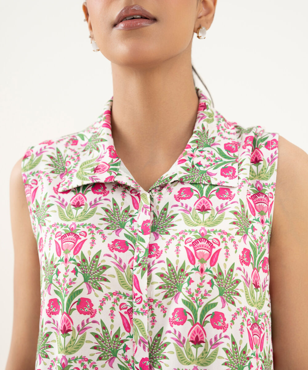 Women's RTW Linen Viscose Printed Off White Straight Shirt