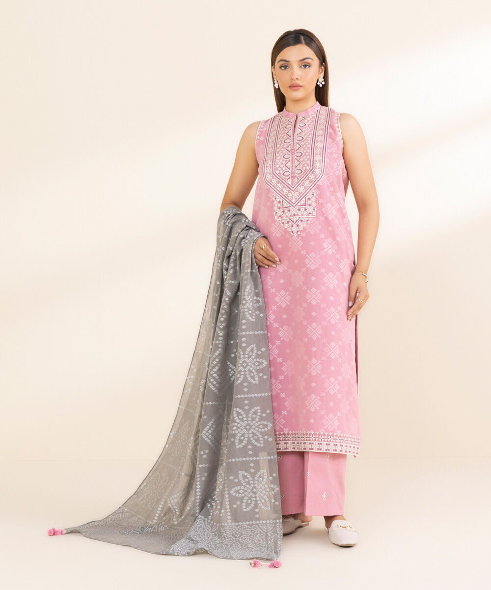 Women's Unstitched Pink Extra Weft Jacquard, Jacquard 3 Piece Suit