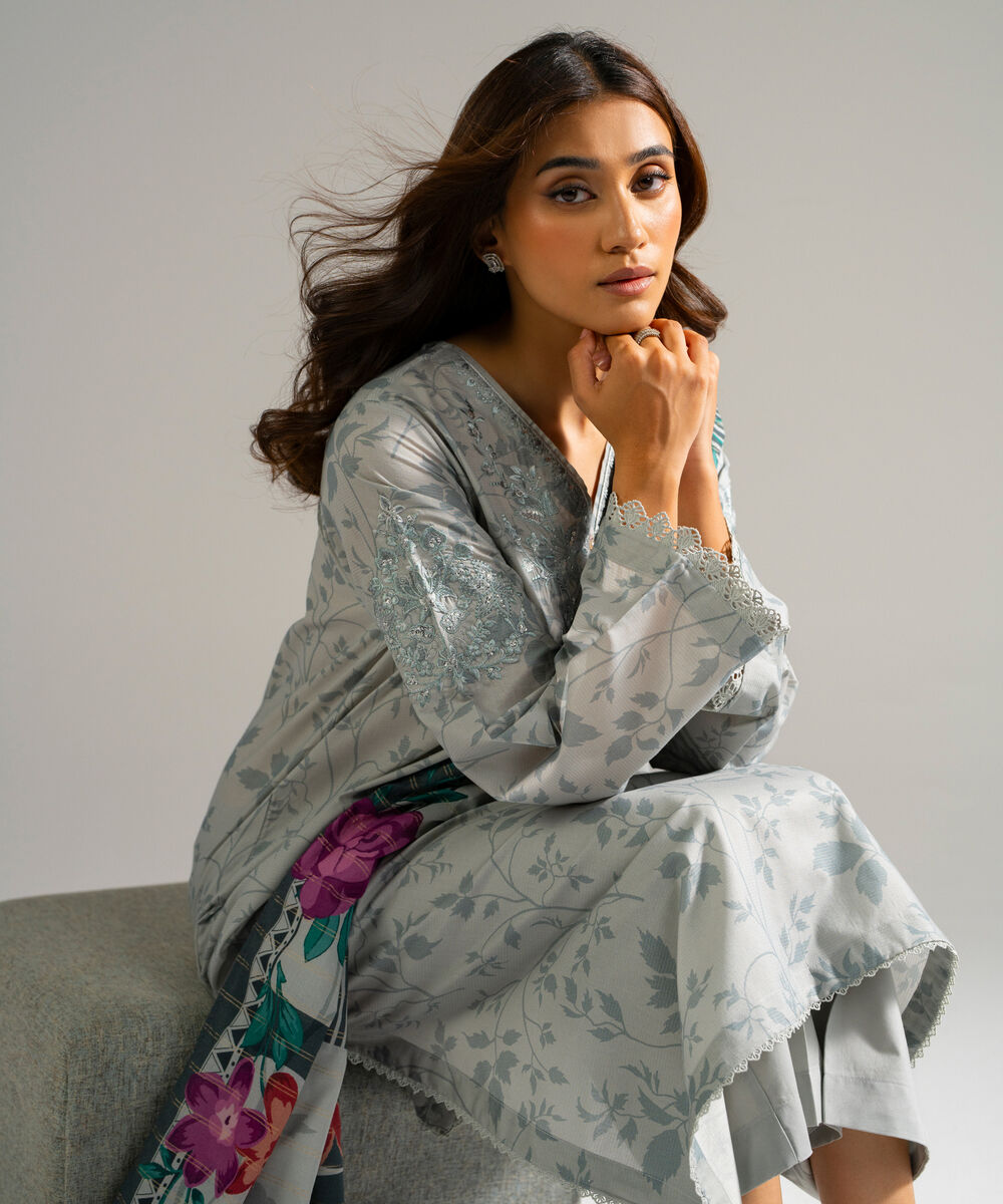 Women's RTW Zari Lawn Embroidered Grey 3 Piece Suit