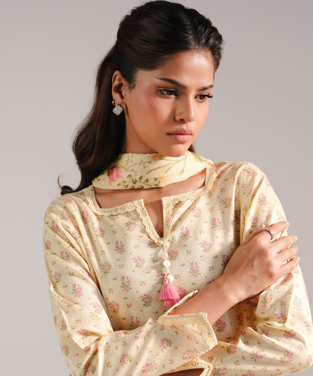 Women's RTW Dobby Printed Pale Yellow 2 Piece Suit