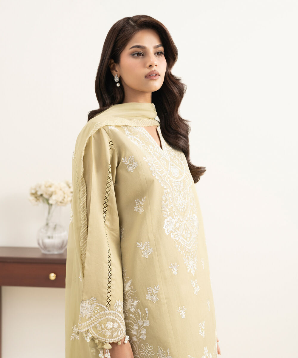 Women's Unstitched Cotton Net Embroidered Green 3 Piece Suit