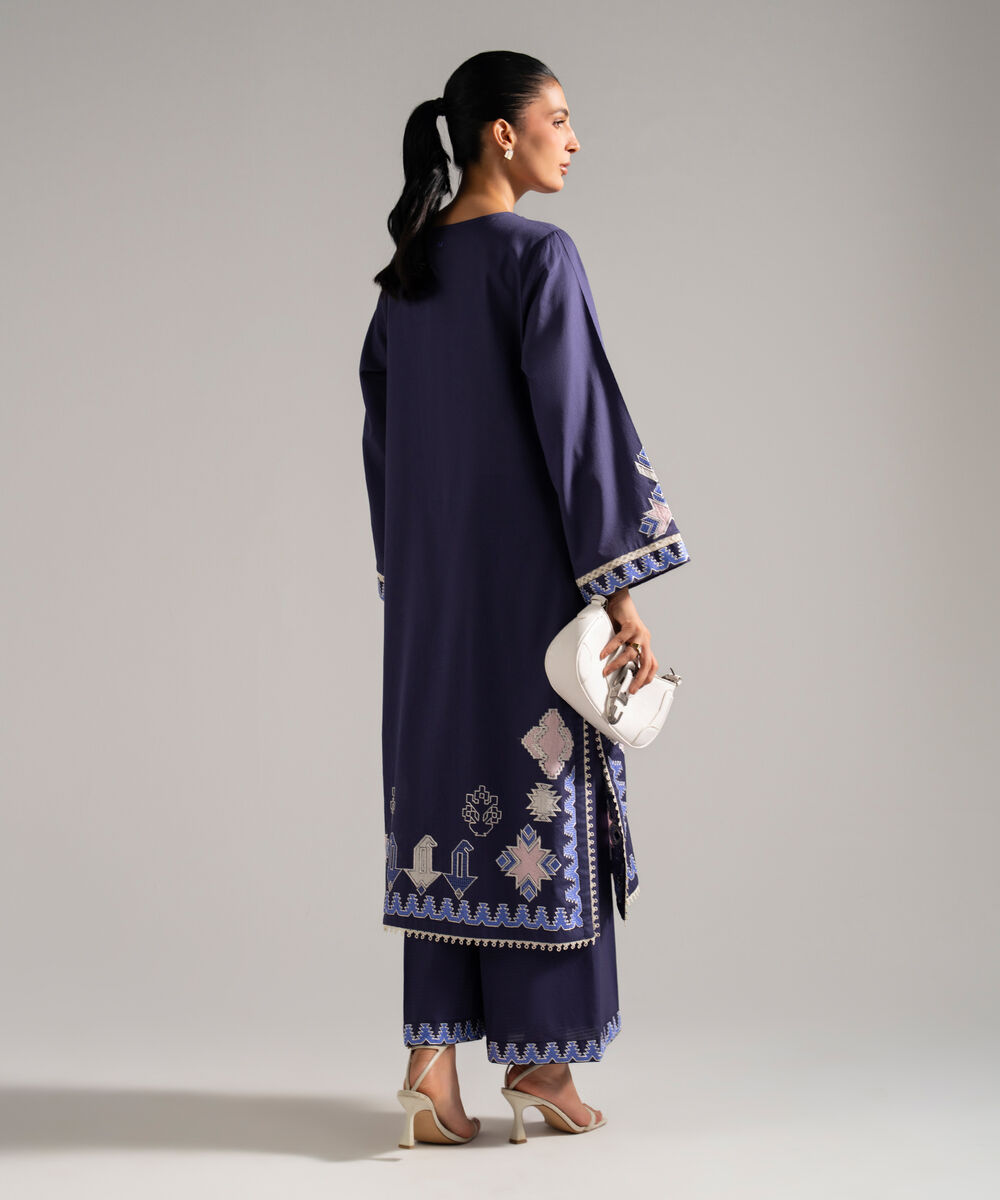 Women's RTW Dobby Embroidered Blue 2 Piece Suit
