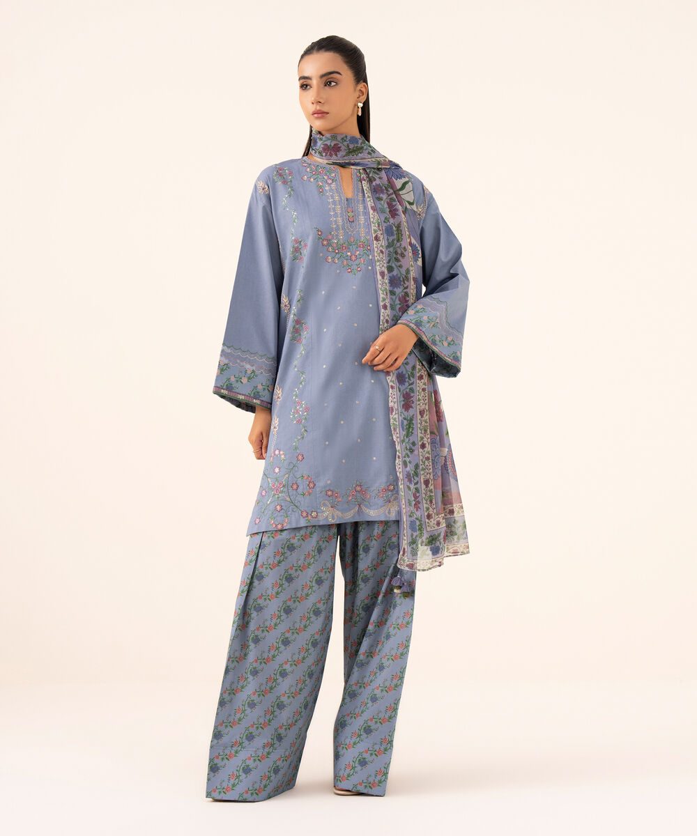 Women's Unstitched Cotton Viscose Embroidered Blue 3 Piece Suit