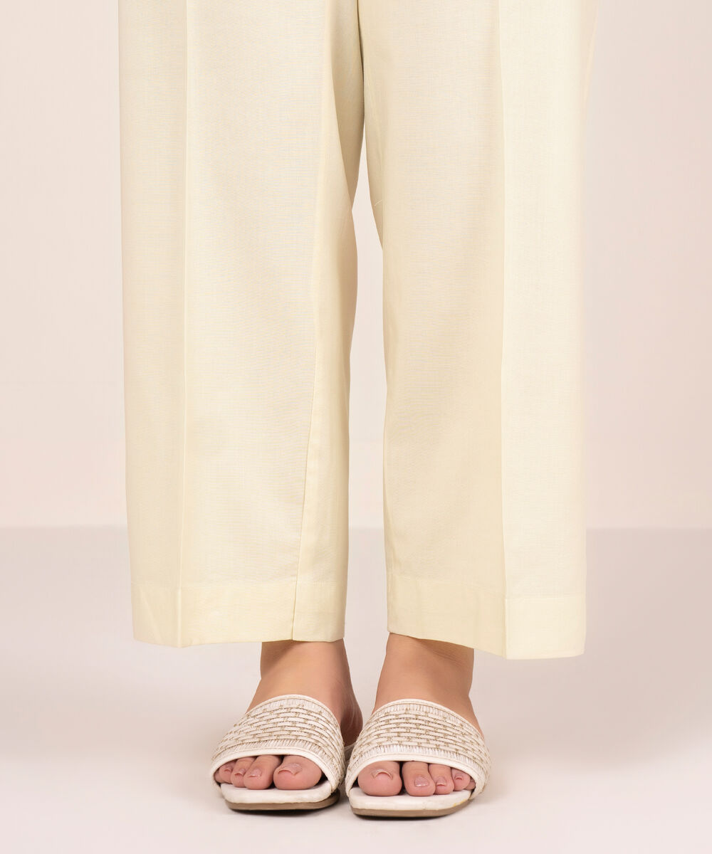 Women's RTW Cotton Viscose Solid Off White Straight Pants