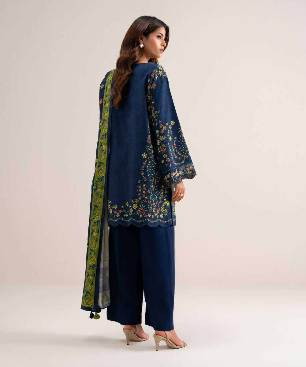 Women's Unstitched Printed Cotton Viscose Blue 3 Piece Suit