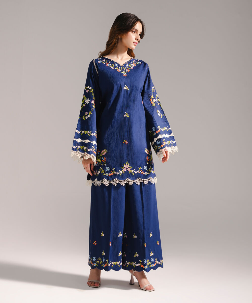 Women's RTW Seersucker Embroidered Drop Shoulder Dark Blue Shirt