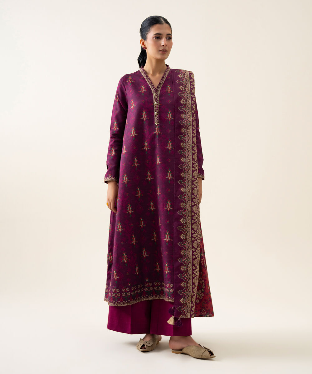 Womens Unstitched Light Khaddar Printed Plum 3 Piece Suit