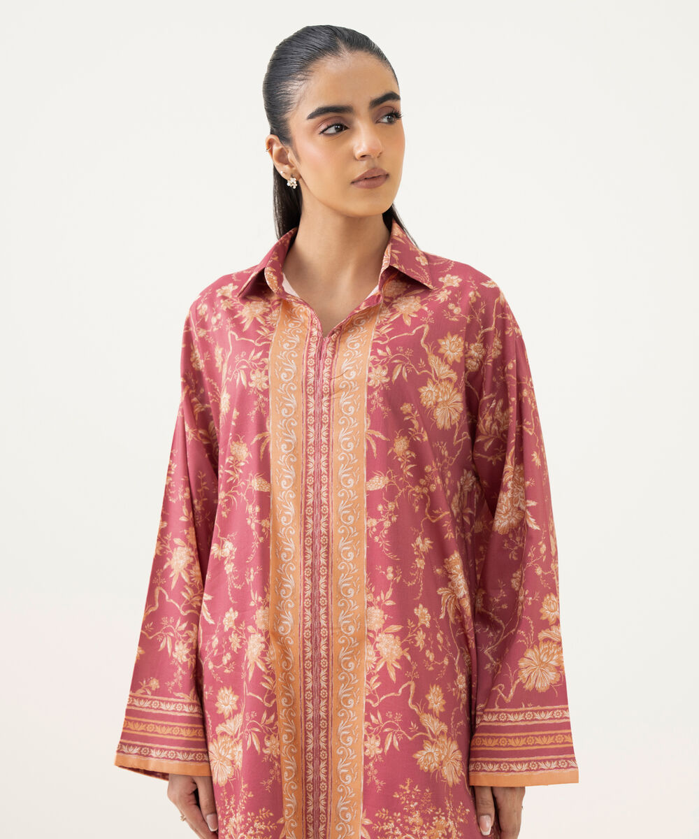 Women's RTW Lawn Printed Pink Drop Shoulder Shirt