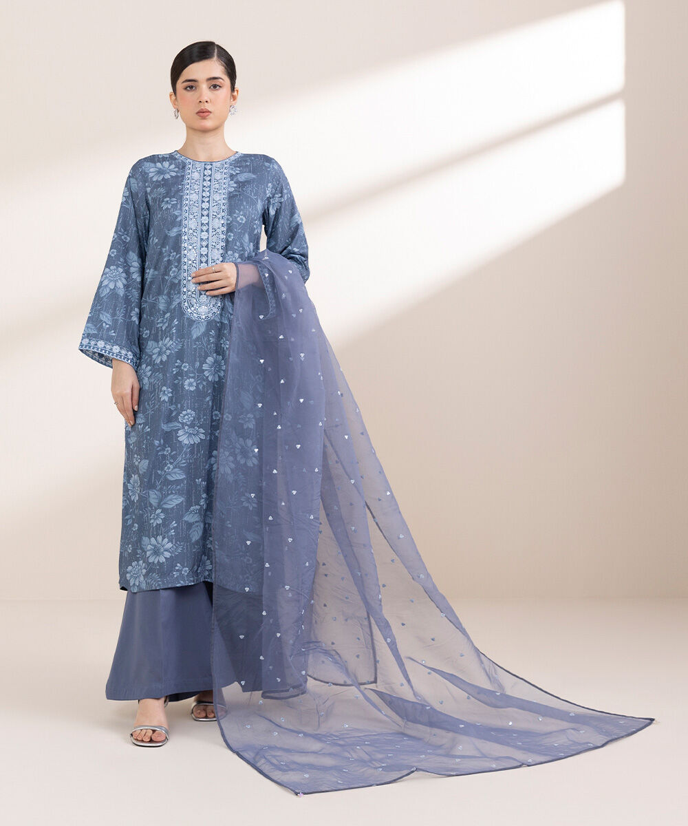 Women's Pret Arabic Lawn Blue Embroidered A-Line Shirt