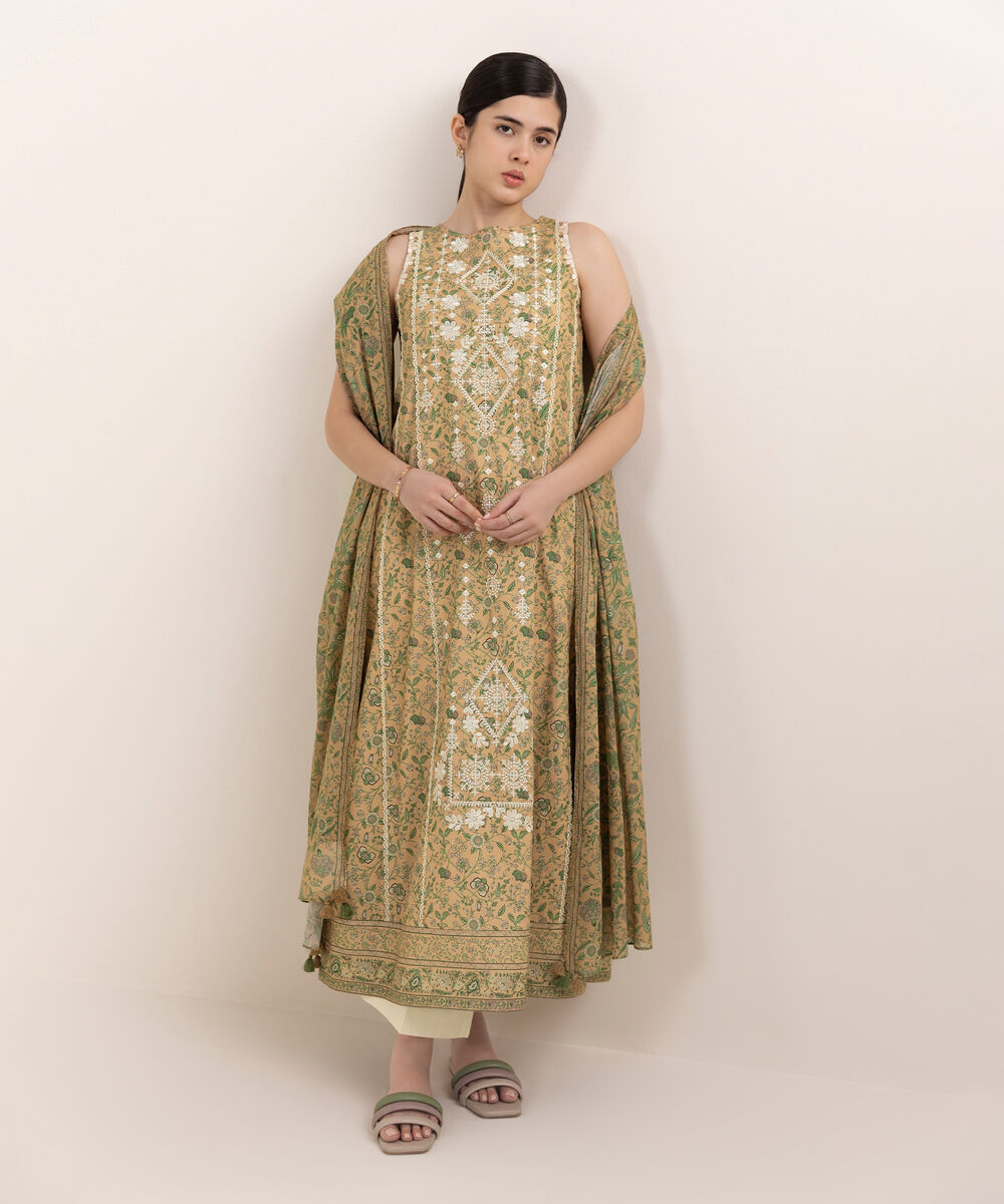 Women's Unstitched Cotton Embroidered Multi Two Piece Suit