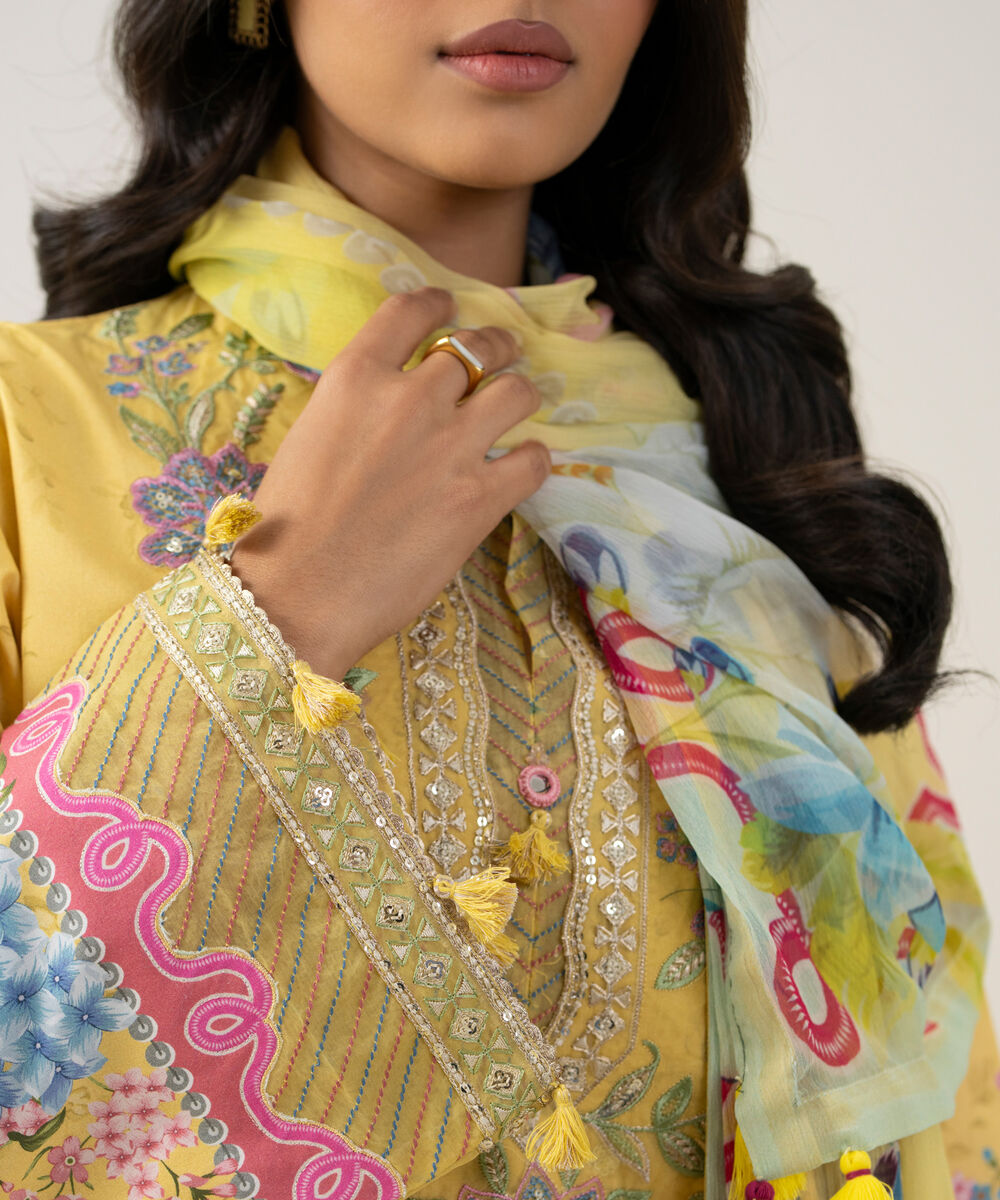 Women's Unstitched Blended Chiffon Embroidered Yellow 3 Piece Suit