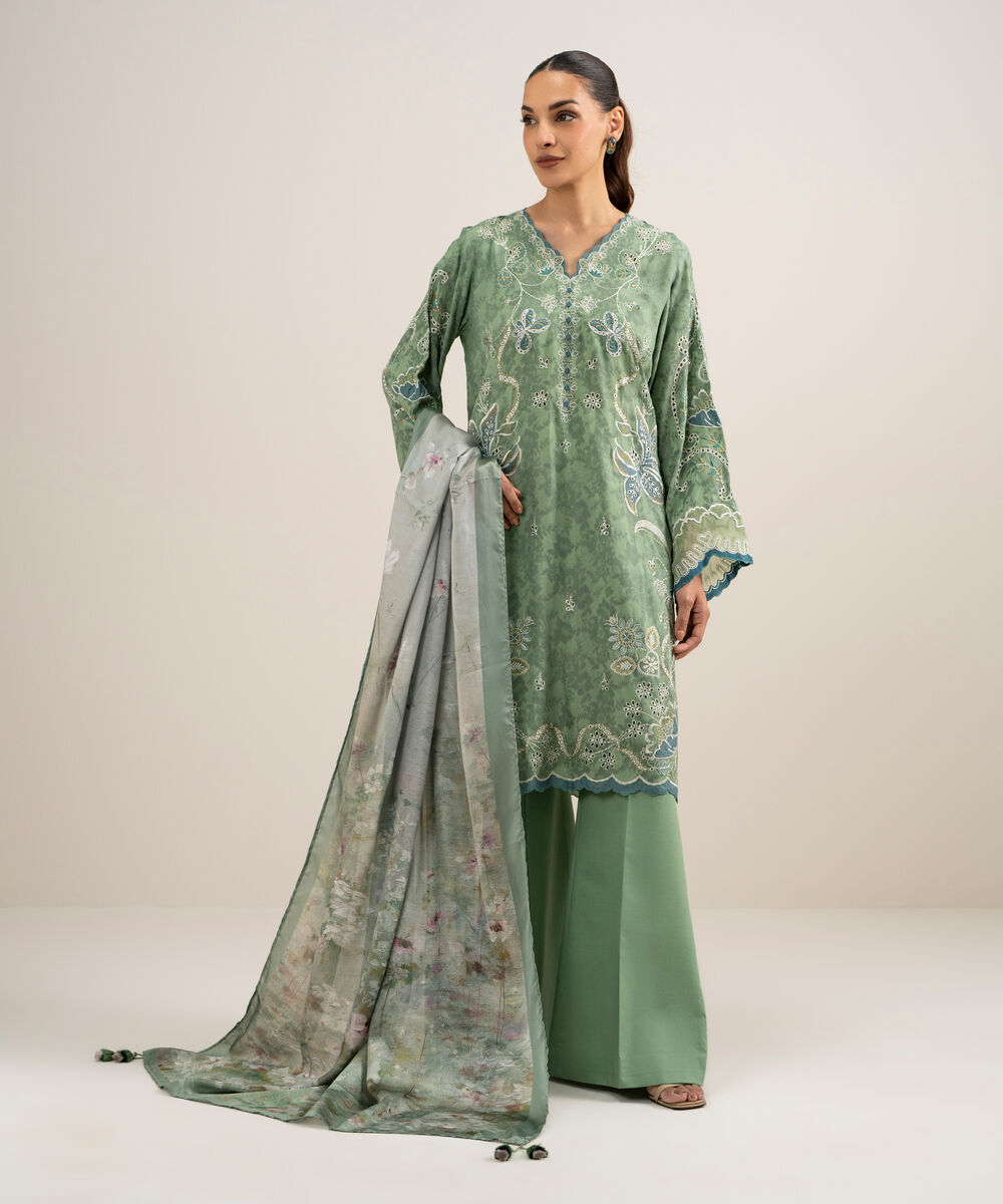 Women's Unstitched Self Jacquard Embroidered Green 3 Piece Suit