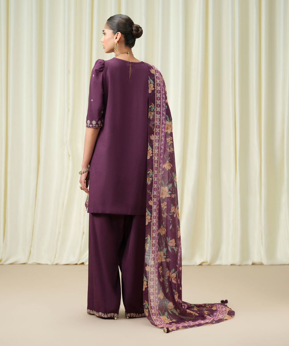 Women's Unstitched Viscose Raw Silk Embroidered Purple 3 Piece Suit