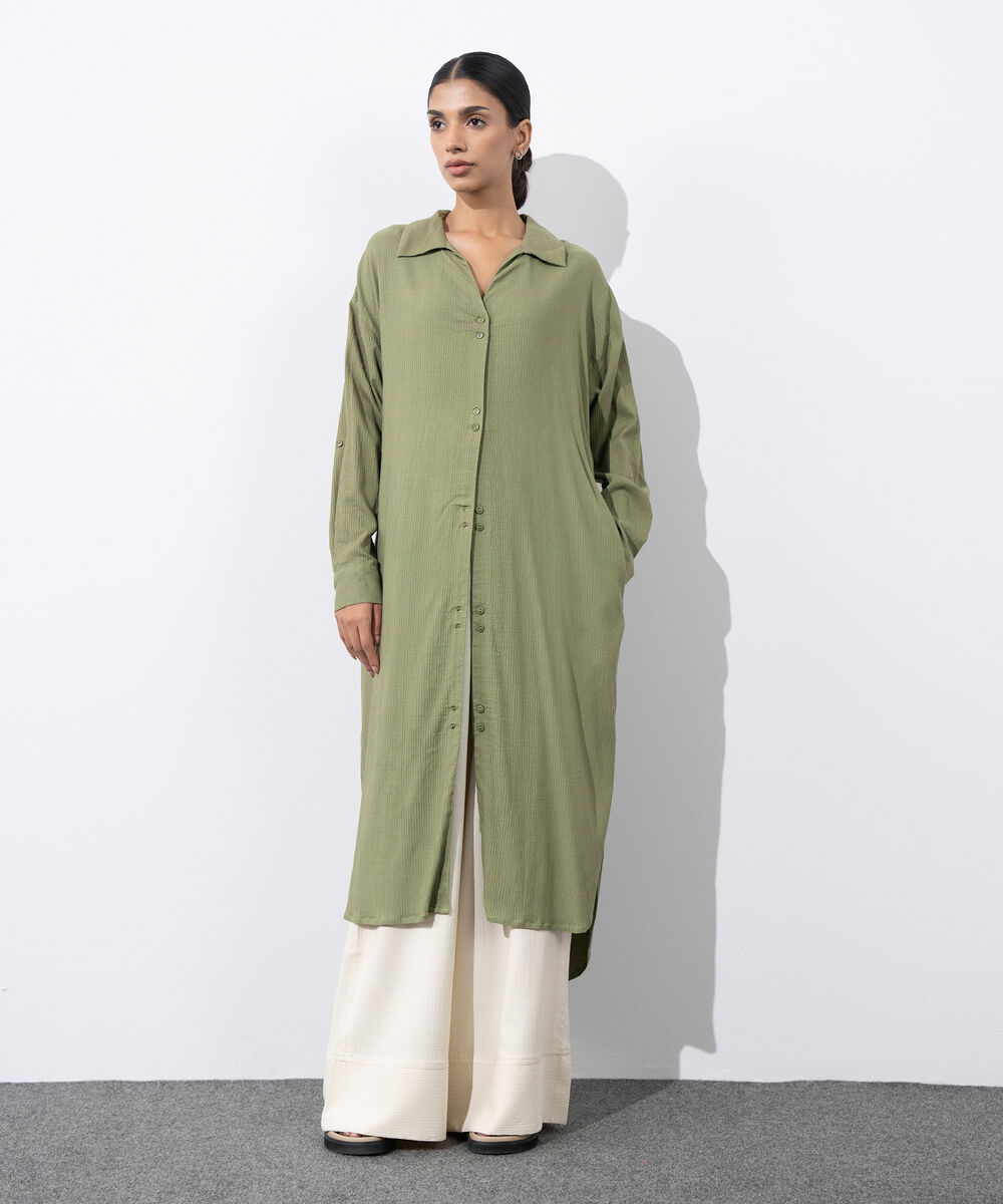 Women's Western Wear Green Seersucker Shirt Dress