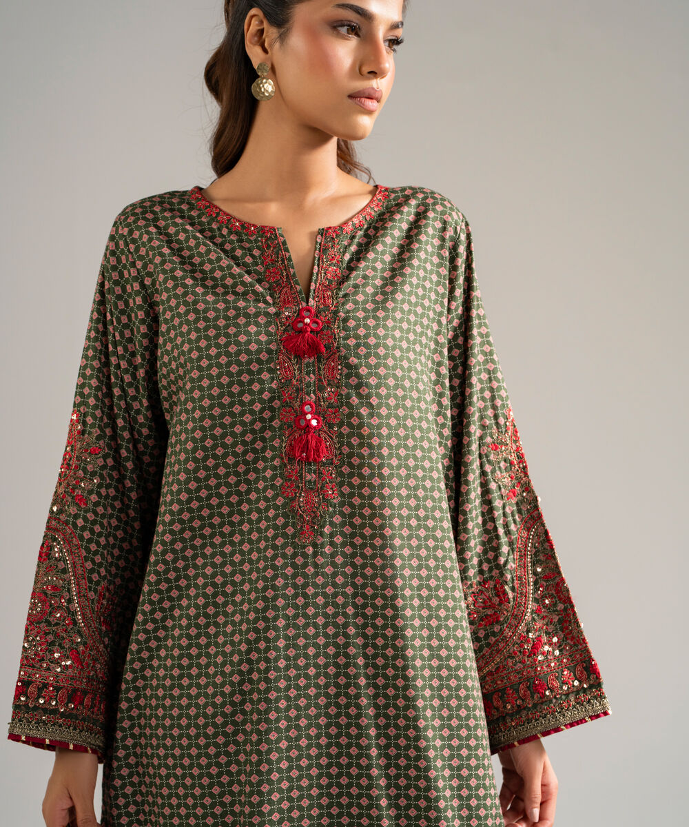 Women's RTW Dobby Embroidered Green 3 Piece Suit