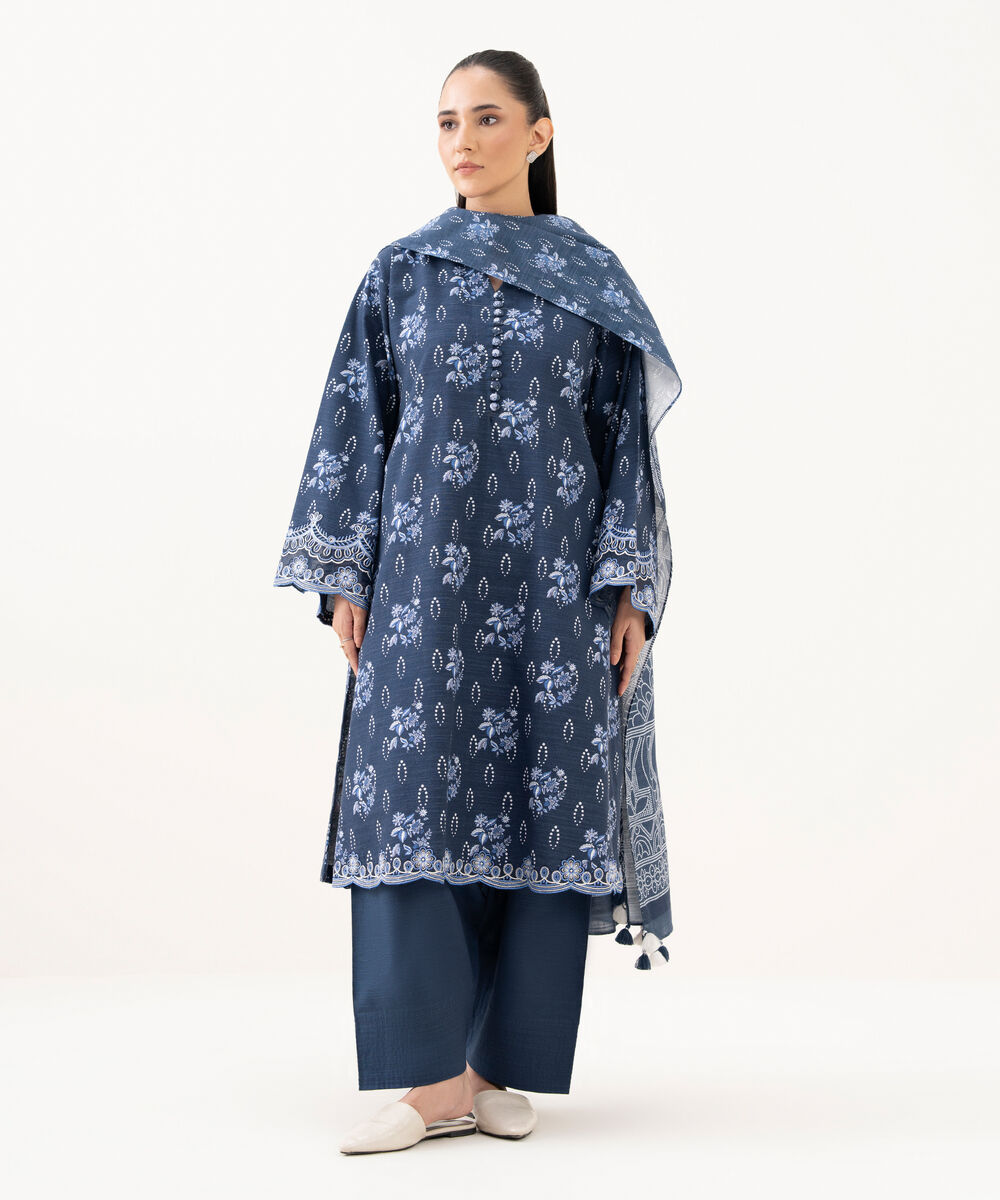 Women's Unstitched Khaddar Embroidered Blue 3 Piece Suit