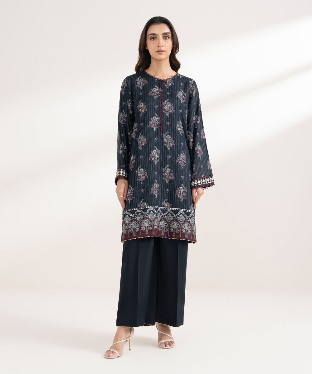 Women's RTW Viscose Linen Printed Straight Black Shirt