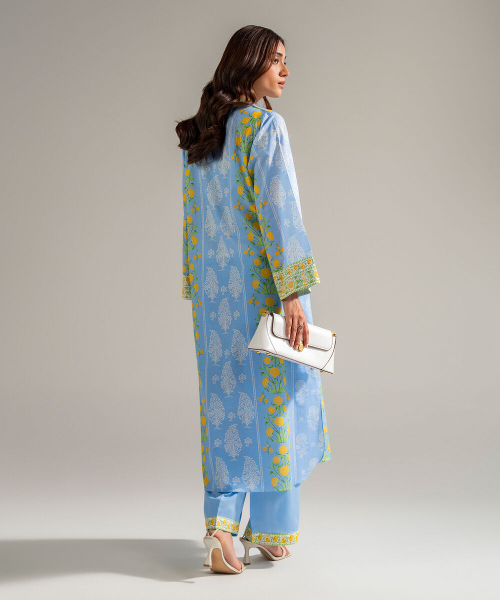 Women's RTW Slub Lawn Printed Blue Straight Shirt