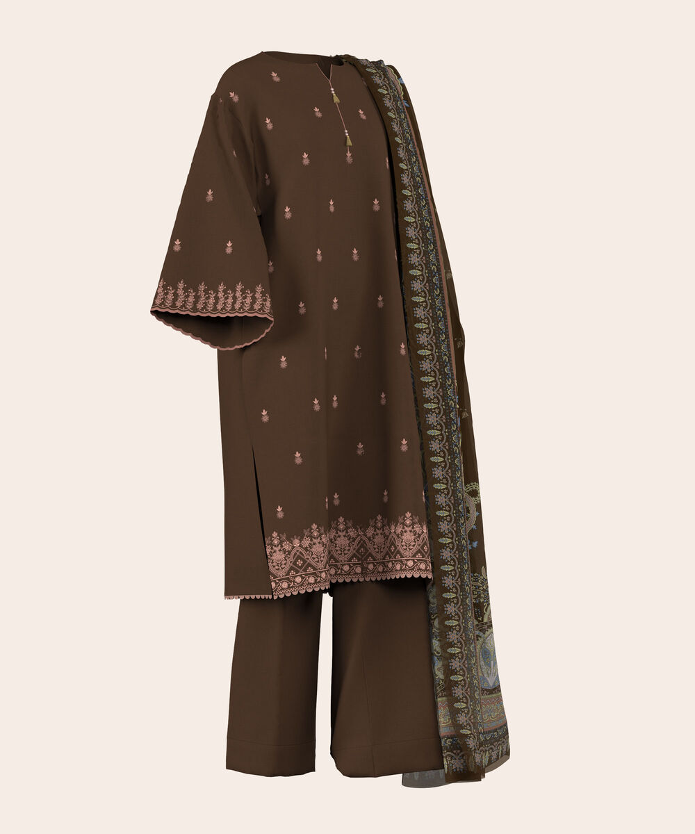 Women's Unstitched Lawn Brown  Embroidered 3 Piece Suit