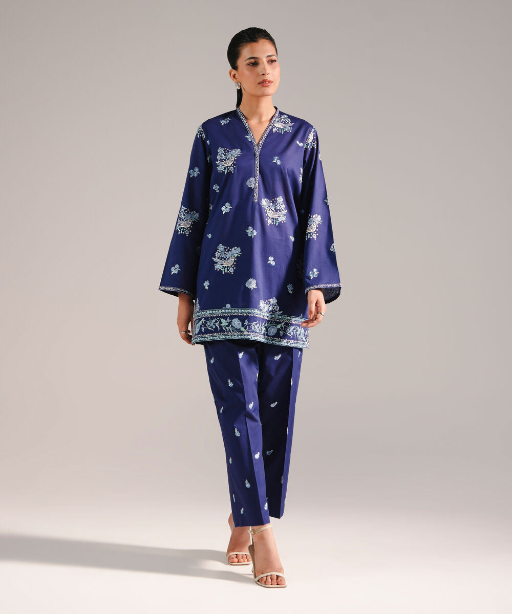 Women's RTW Slub Lawn Embroidered Dark Blue 2 Piece Suit