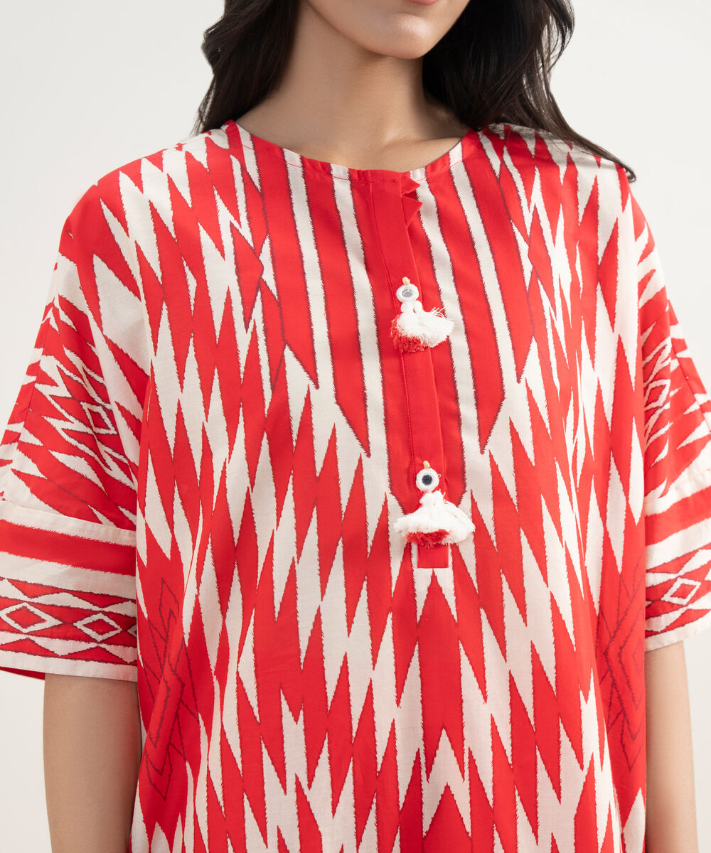 Women's RTW Lawn Printed Red Drop Shoulder Shirt