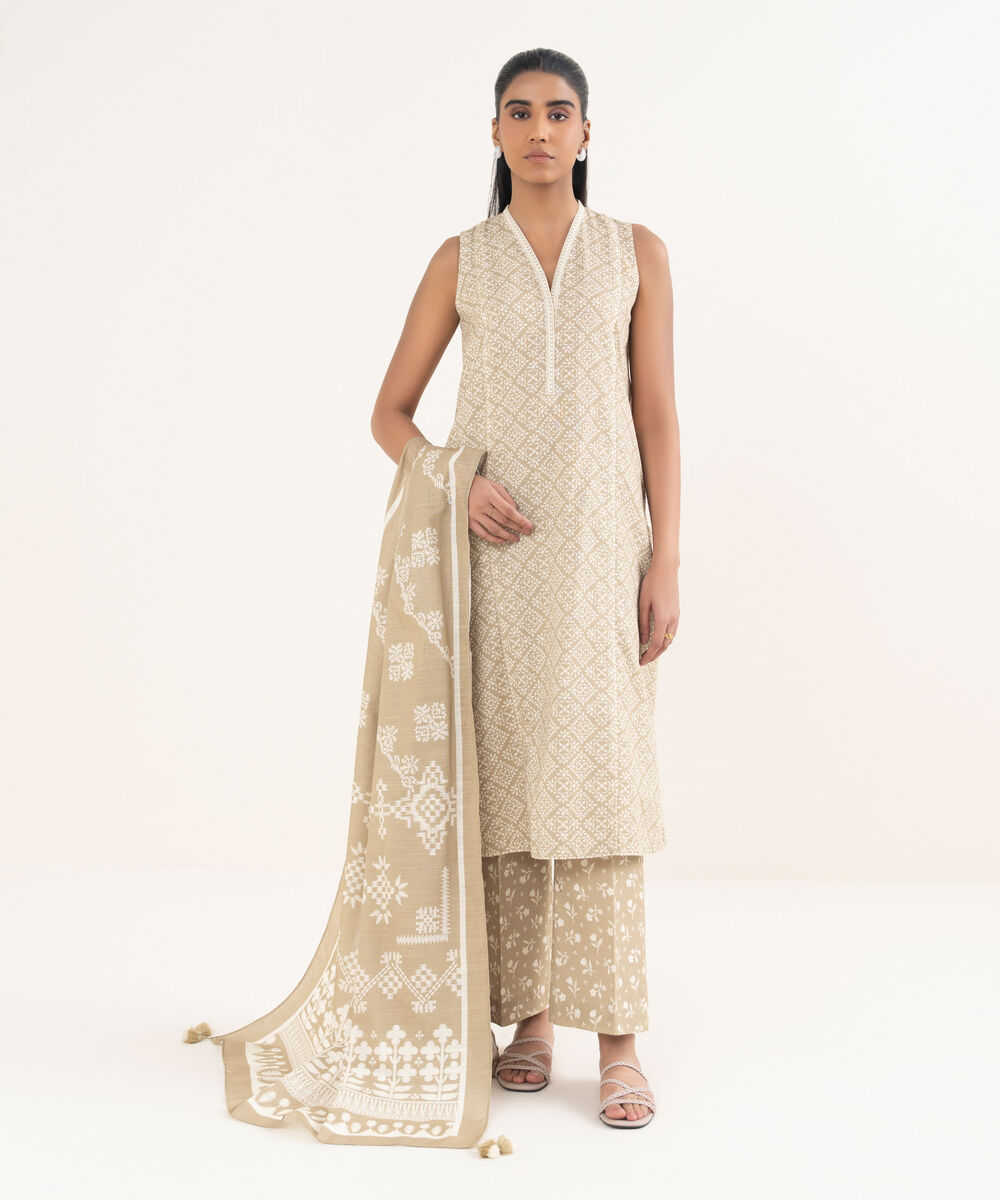 Women's Unstitched Light Khaddar Printed Beige 3 Piece Suit