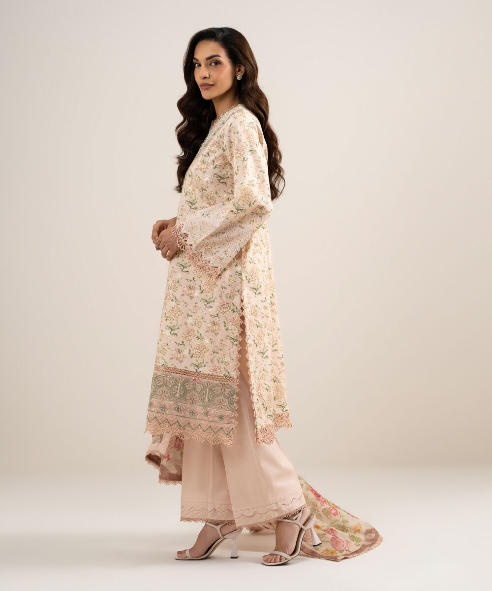 Women's Unstitched Lawn Embroidered Beige