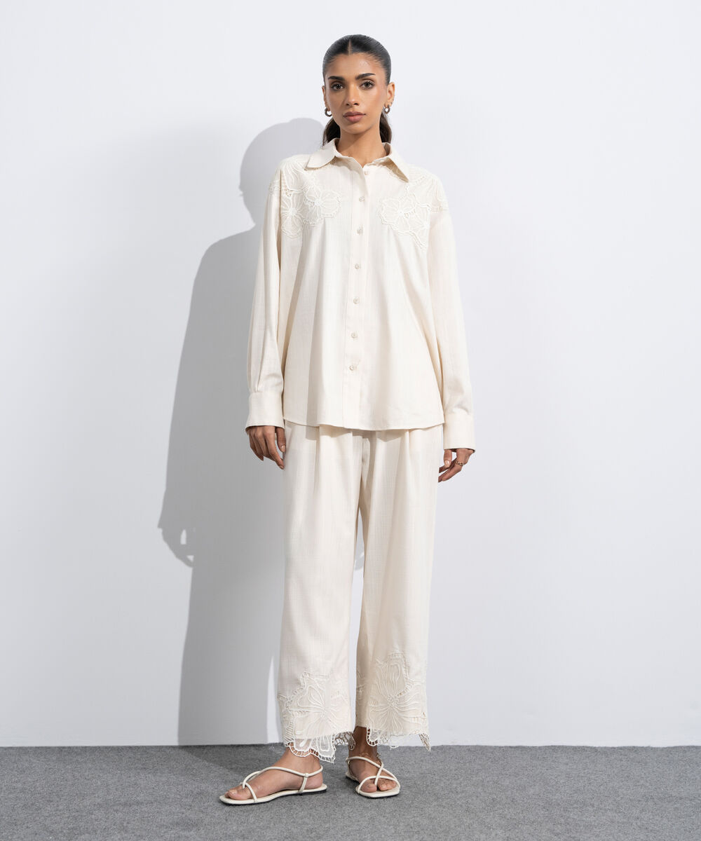 Women's Western Off-white Relaxed-Fit Embroidered Shirt