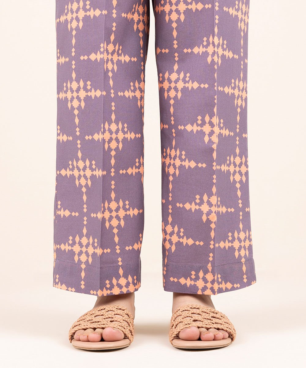 Woman - Purple Printed Cambric Straight Pants