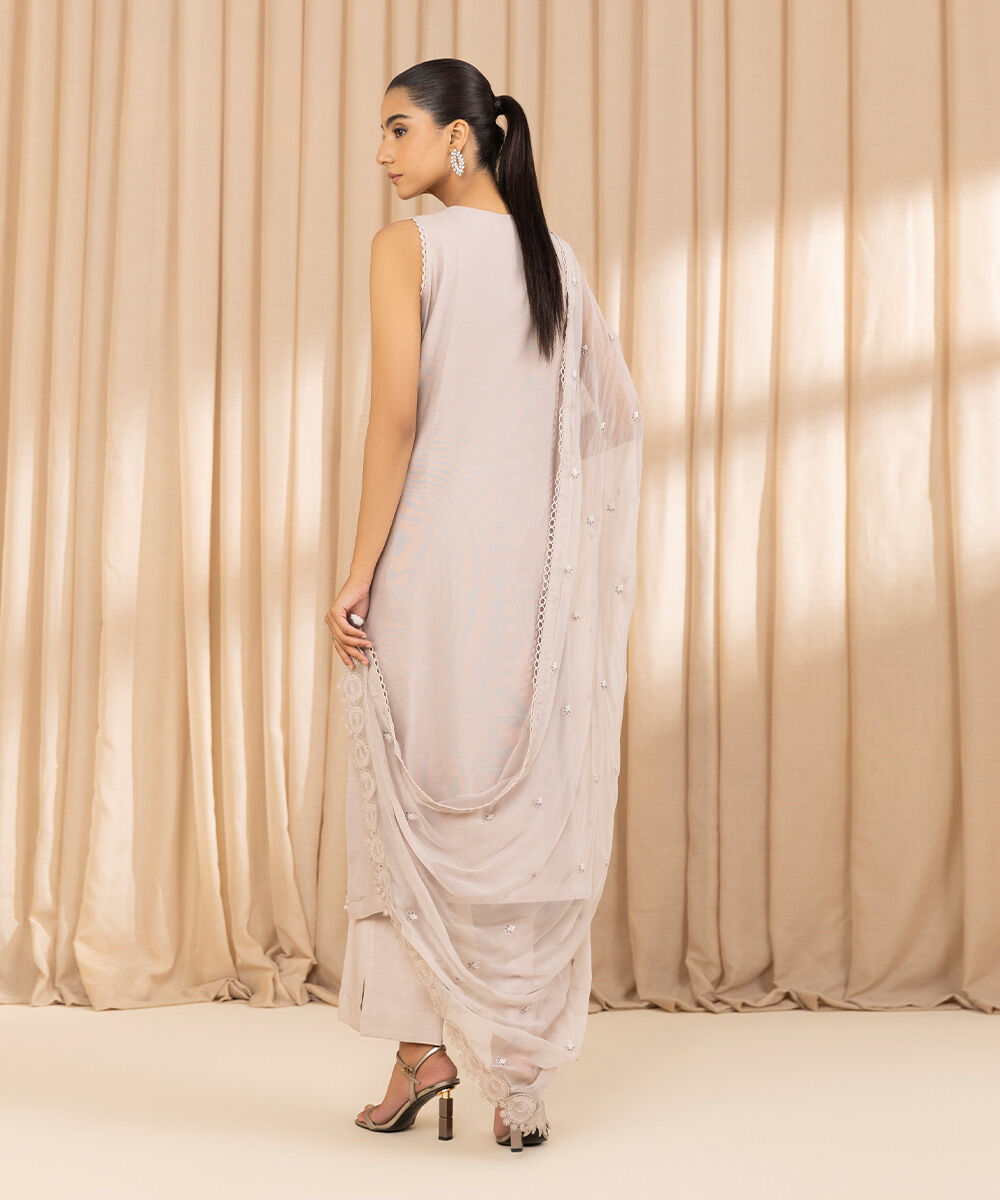 Unstitched Women's Embroidered Blended Khaddi Net Beige Three Piece Suit