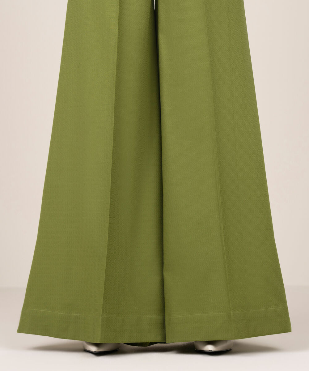 Women's RTW Textured Cotton Solid Green  Flared Pants