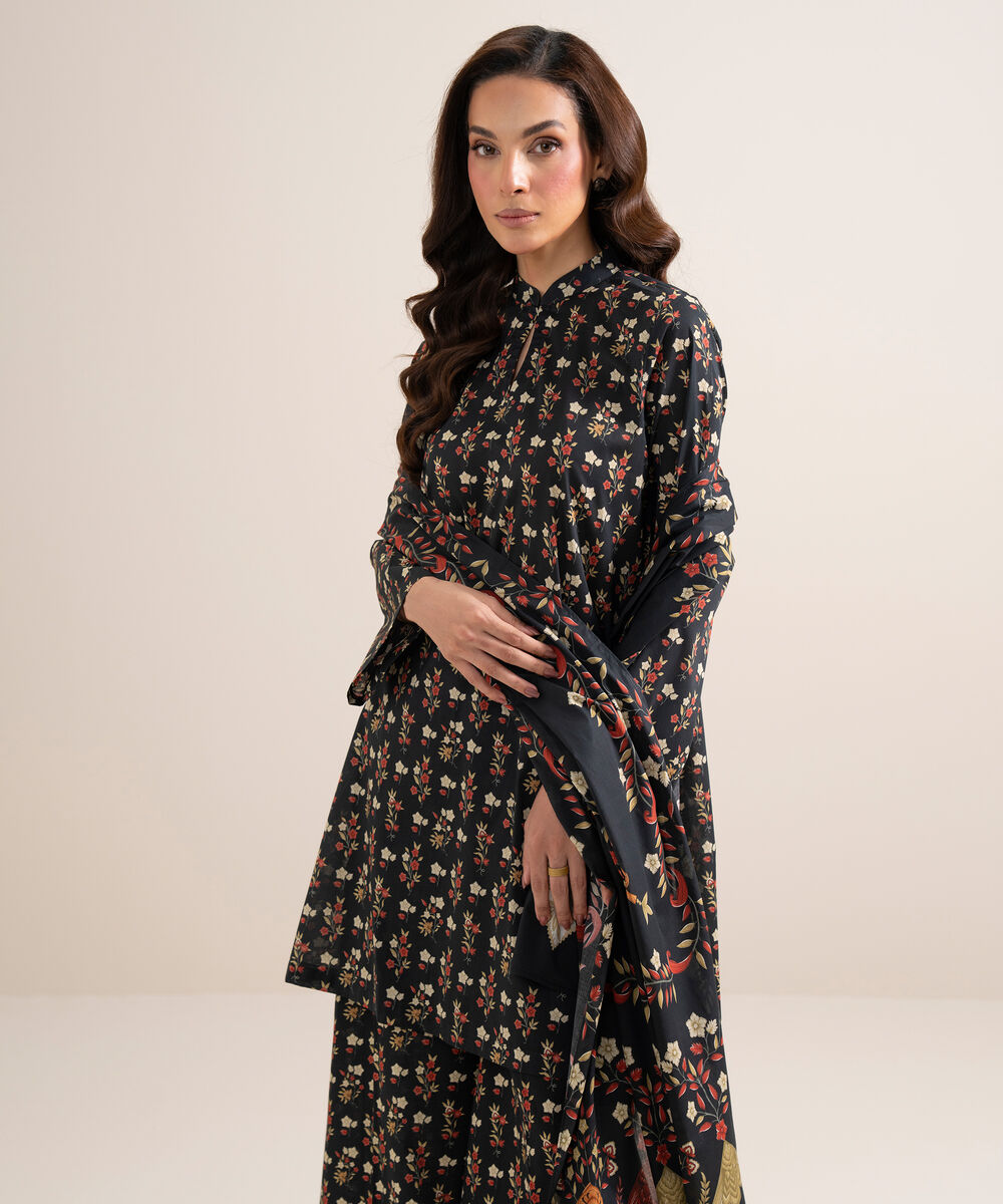 Women's Unstitched Lawn Printed Black 3 Piece Suit
