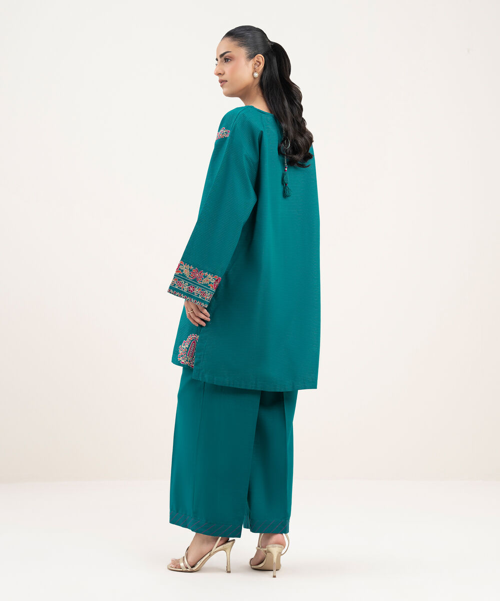 Women's RTW Zari Cotton Embroidered Straight BLue Shirt