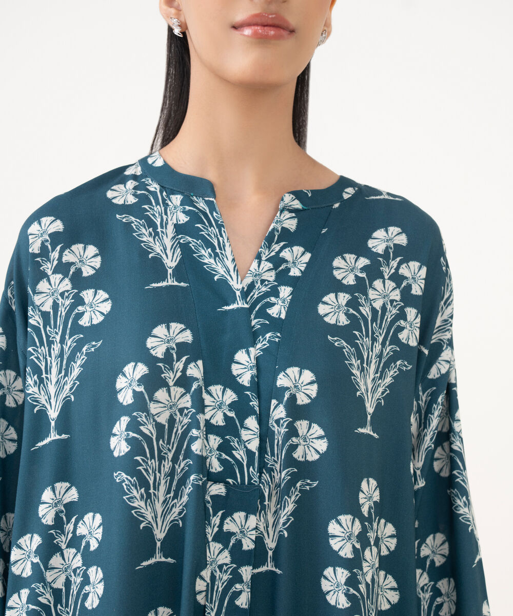 Women's RTW Viscose Linen Blue Printed Drop Shoulder Shirt