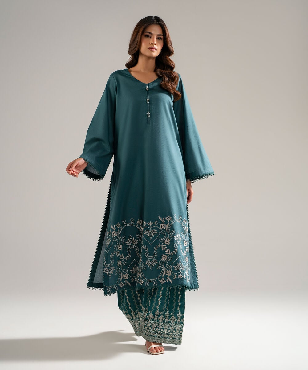Women's RTW Dobby Embroidered Teal 2 Piece Suit