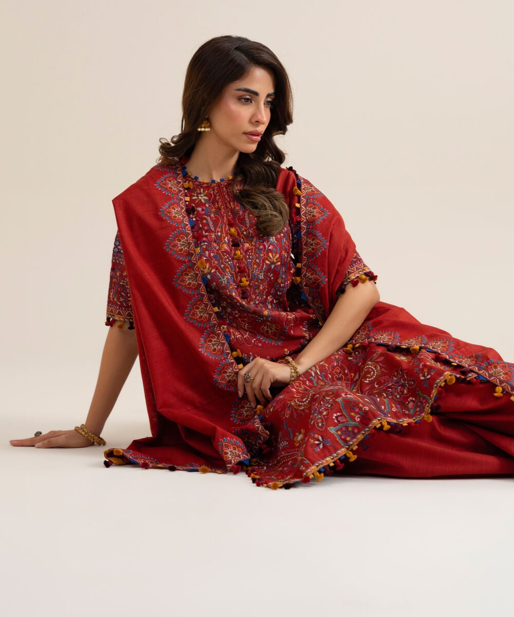 Women's Unstitched Basic Khaddar Embroidered Burnt Orange 3 Piece Suit