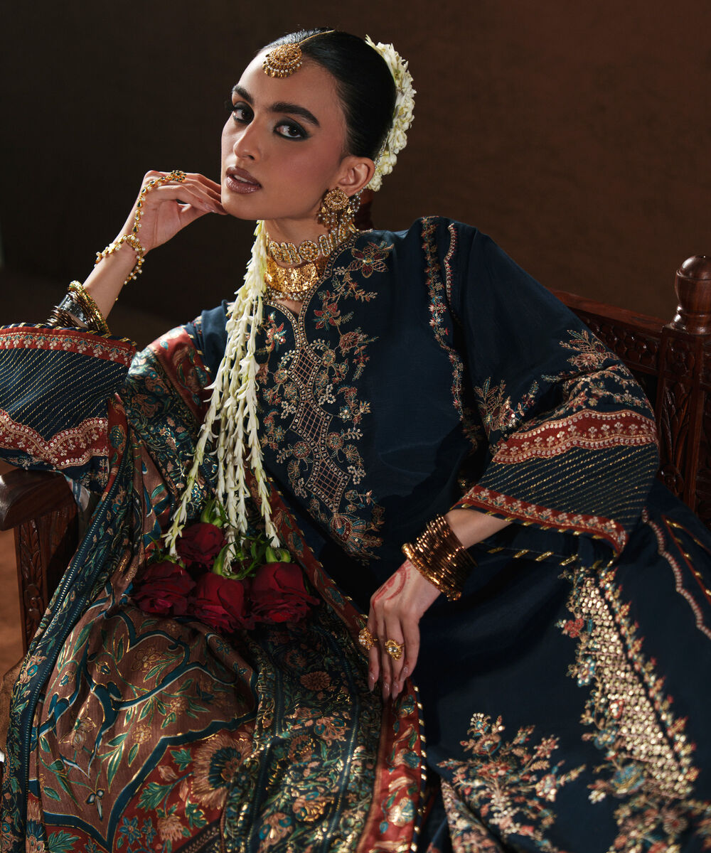 Women's Unstitched Embroidered Blended Raw Silk Blue 3 Piece Suit