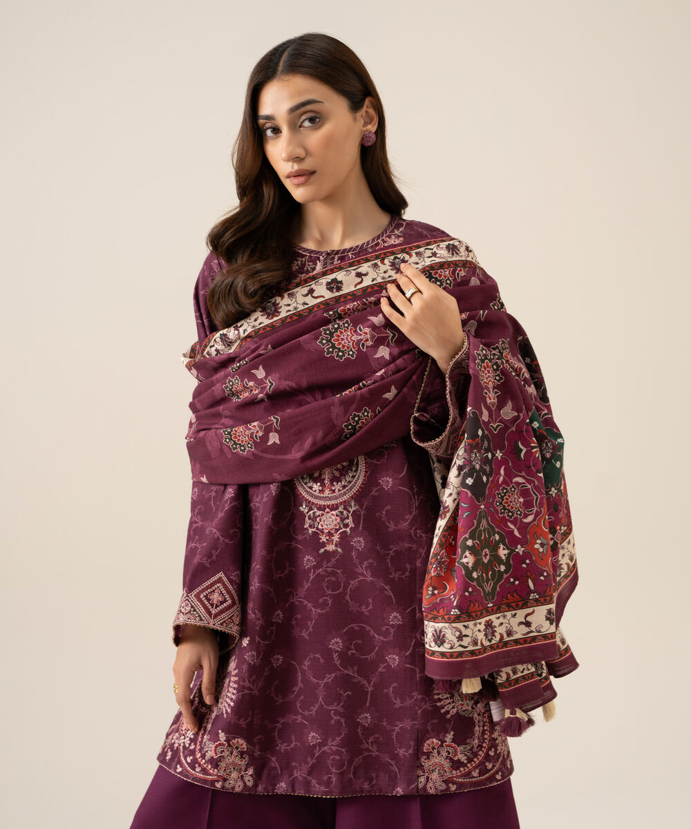 Women's Unstitched Light Khaddar Embroidered Plum 3 Piece Suit