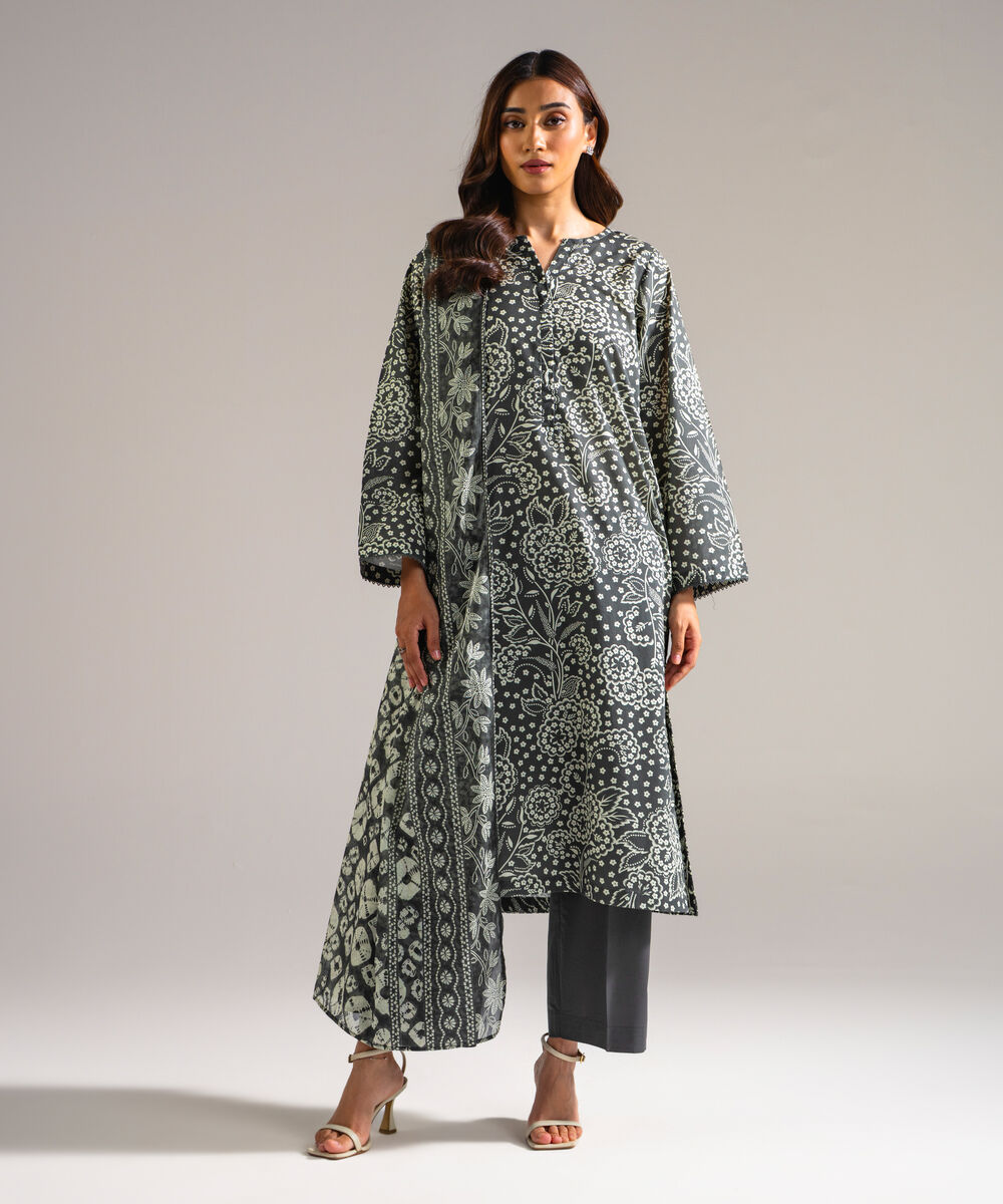 Women's RTW Lawn Printed Grey 3 Piece Suit