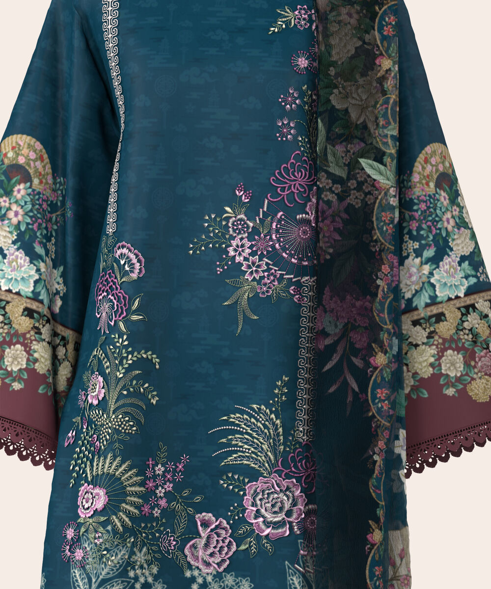 Women's Unstitched Lawn Teal Embroidered 3 Piece Suit
