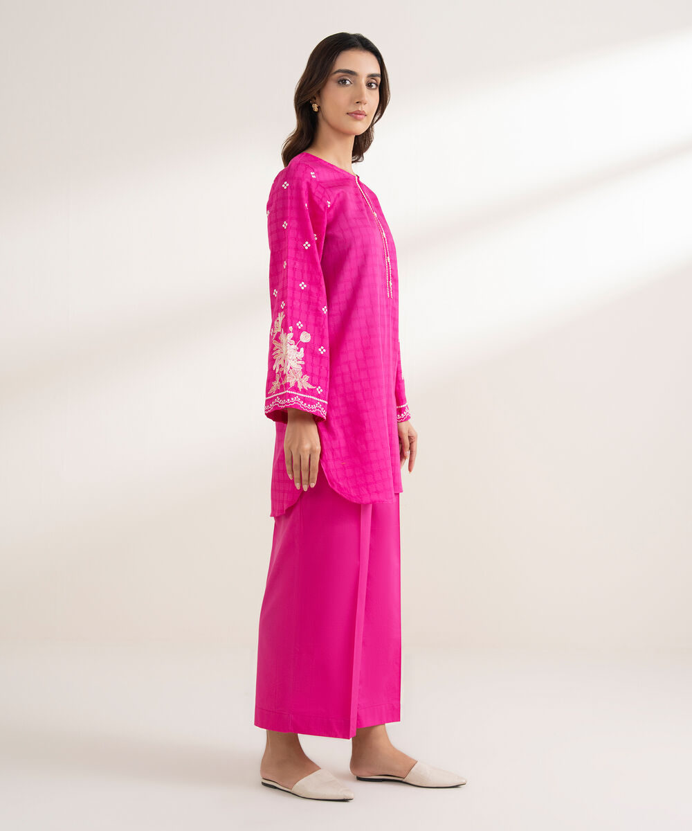Women's RTW Textured Cotton Embroidered Straight Pink Shirt